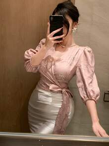 DAZY Women's V-Neck Criss-Cross Knot Design Sequin Floral Embroidery Casual Versatile Daily Wear Blouse - Pink - View 2