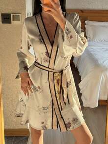 DAZY Women's Elegant Floral & Polka Dot Print Contrast Trim Ruffle Hem Sleepwear Robe, Summer Pajamas - Apricot - View 3