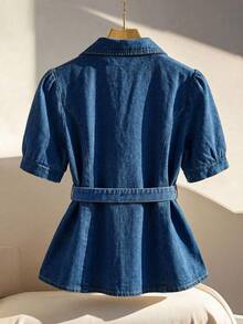 GlowEve Women's Short Petal Sleeve Waist Button Design Casual Denim Jacket - Blue - View 3
