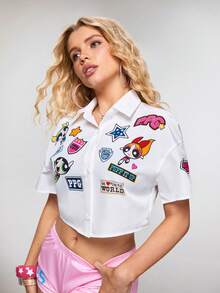 THE POWERPUFF GIRLS X SHEIN 女士休闲卡通字母印花短款衬衫，夏季 - 白色 - 查看 4