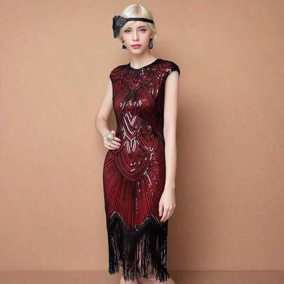 1PCS Pulcykp 1920s Retro Fringe Dress, Slim Fit Sexy Sequin Beaded Gown For Banquet, Party, Stage & Nightclub