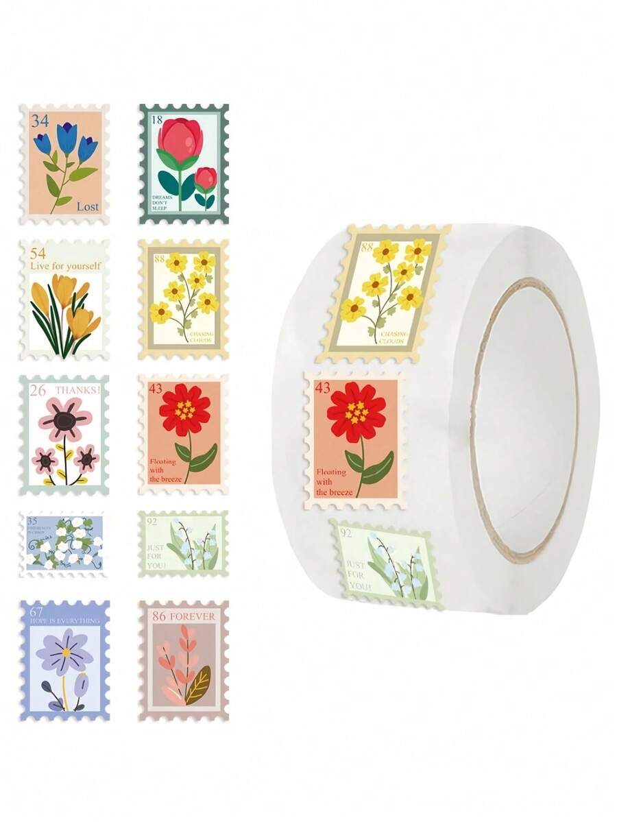 500PCS/Roll Flower Stamp Stickers Roll 10 Style Flower Aesthetic Stickers Waterproof Vinyl Stickers - Flower seal - View 1