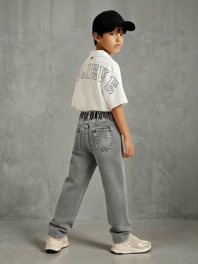 Casuvi Kids Tween Boy Loose Casual Collegiate Comfortable Fashion Minimalist Versatile Soft Short Sleeve Polo Shirt, Back Graphic "BELIEVE" Letter Design, Suitable For Autumn, Spring, Summer, Suitable For Daily Wear, Outdoor Play, Sports, School, Street Style, Party And Leisure White Shirt For Kids Boy Collared Shirt