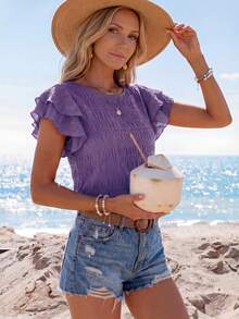 Sylviya 女士纯色圆领荷叶边花瓣袖休闲宽松衬衫 - 紫丁香色 - 查看 3