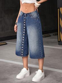 Jeanoix 女士口袋纽扣休闲百搭日常穿着阔腿牛仔裤 - 藍色 - 查看 3