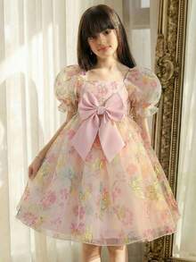 SHEIN Young Girls Summer Elegant Butterfly Pattern Organza Short Sleeve Party Dress - Pink - View 2