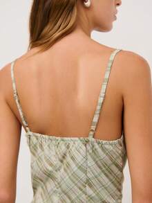 Nöista Sleeveless Dress Features A Green Plaid Adjustable Spaghetti Straps. Assymetricl Bottom Hem And Opening Slit. Spring , Summer, Easter , Women. - Green - View 6