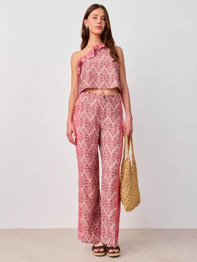 Nöista ワンショルダー フリル クロップトップ とミディアムウエスト ワイドレッグパンツのセット。コーディネートしたツーピースセット、春夏、フェスティバル、ボヘミアン