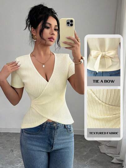 SHEIN Elenzya Women's Elegant Criss-Cross V-Neck Short Sleeve Fitted Cropped T-Shirt, Suitable For Daily Outings And Date Yellow Love And Lemonade Store Ribbed Top Wrap Tops For Women Light Yellow Tops For Women Sexy Knit Top Women