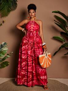 Maweii 大码女式红色扎染吊带连衣裙，收腰设计，飘逸裙摆。适合海岛度假、海滩派对、旅行摄影、都市漫步、音乐节等场合，打造清新度假风。 - 彩色 - 查看 5