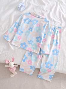 2pcs/Set Girls Casual Floral Print Long Sleeve Top And Pants Comfortable Homewear Set - Multicolor - View 2