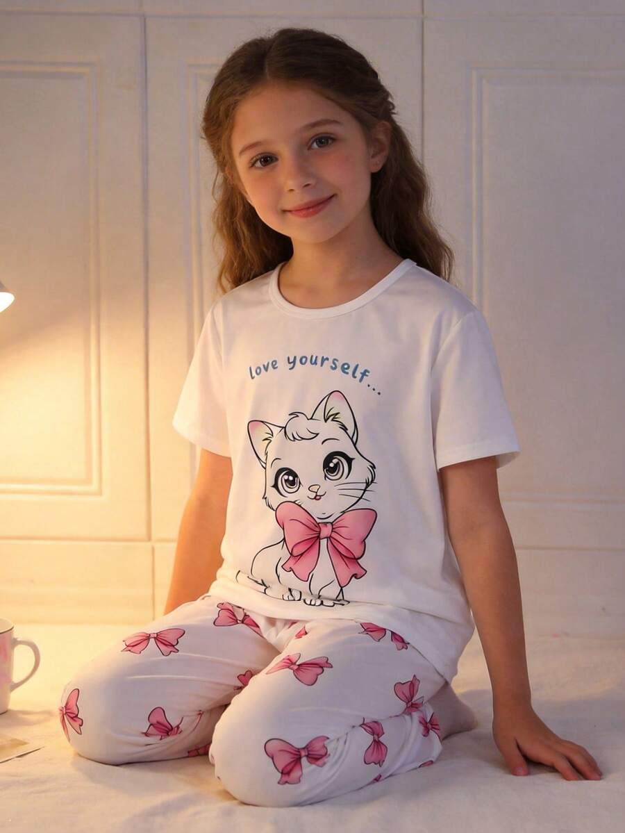 少女猫咪印花短袖上衣和蝴蝶印花长裤睡衣套装 - 白色 - 查看 1