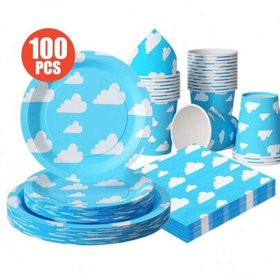 "Blue Sky And White Clouds" Disposable Plates, Napkins, And Cups, Disposable Party Supplies Set, Suitable For 25 Guests. Disposable Paper Plates And Party Tableware Are Perfect For Birthday Parties, Weddings, Themed Parties, Family Picnics