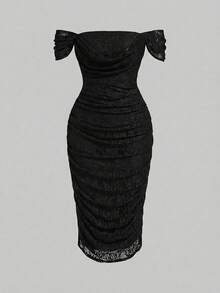 SHEIN MOD 大码女士蕾丝垂领修身优雅连衣裙 - 黑色 - 查看 3