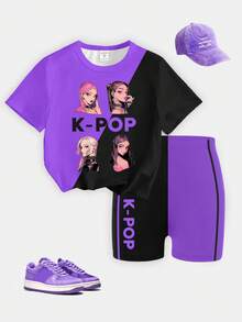 Spring And Summer Young Girl Casual Fashion Creative Personalized Refreshing Minimalist Cool Virtual Girl Group Striped Purple & Black Graphic Letter Slogan Print Casual T-Shirt And Bike Shorts Set, Comfortable Daily Wear. Cozy Summer And Fall Styles Suitable For Girls, Atmosphere-Inspired Casual And Sportswear Outfits, Sets - Multicolor - View 3