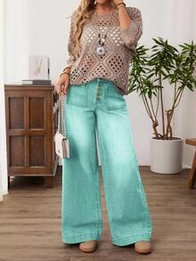 EMERY ROSE Plus Size Casual Washed High Waist Wide Leg Jeans - Mint Green - View 11
