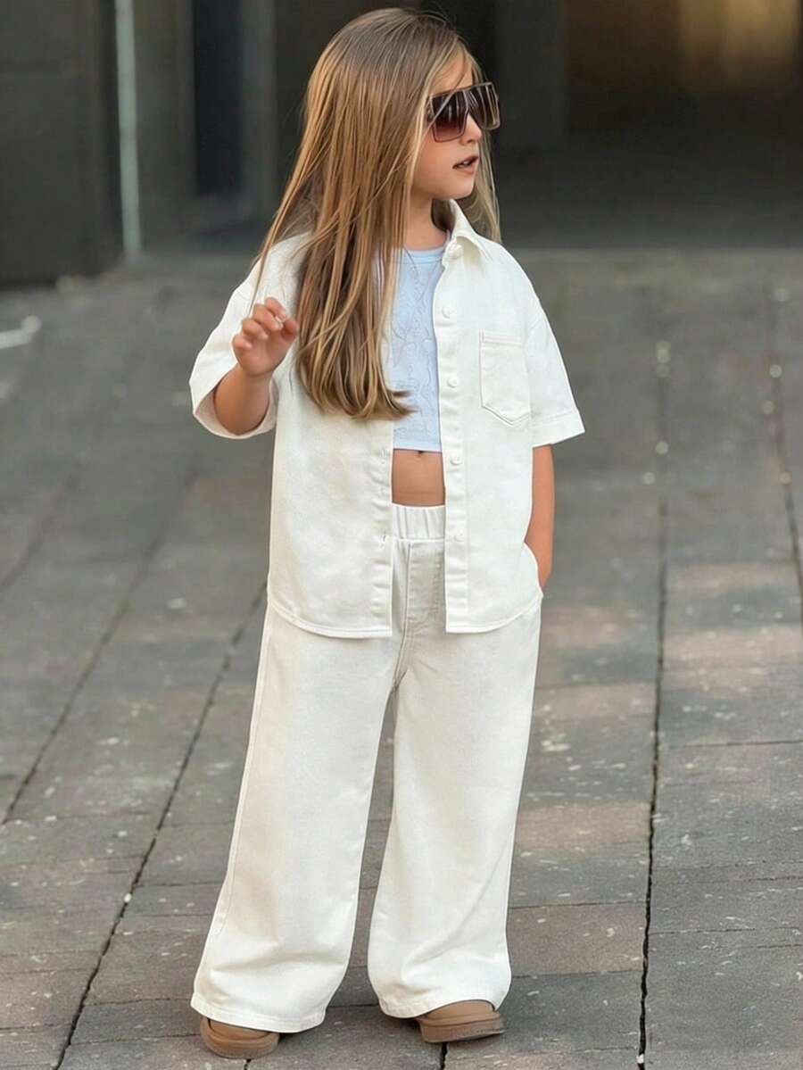 Dazy Kids Young Girl Solid Color Button Front Long Sleeve Jacket And Slant Pocket Long Pants Casual Denim Set - White - View 1