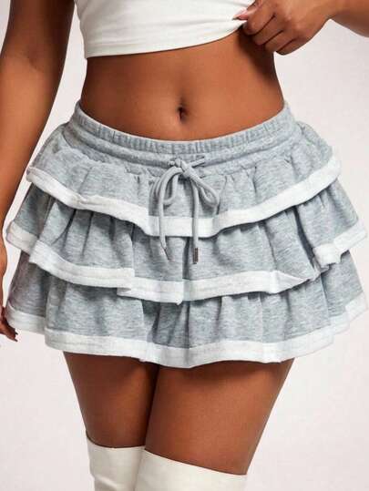 SHEIN SXY 大码撞色荷叶边松紧腰抽绳休闲半身裙