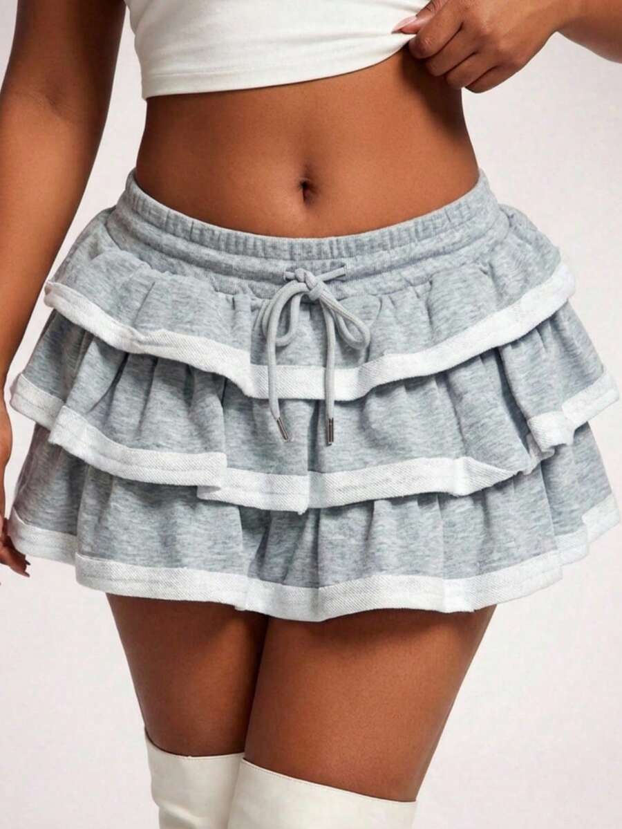 SHEIN SXY 大码撞色荷叶边松紧腰抽绳休闲半身裙 - 灰色 - 查看 1