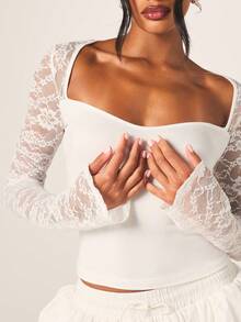 MISSGUIDED Lace Long Sleeve Sweetheart Neck Crop Top Feminine Party Date Night Spring Summer - White - View 2