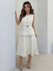 Jemour SOLID A LINE BELTED DRESS, WOMEN OUTFIT - Apricot - View 2