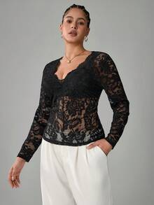 SHEIN Tall CURVE 大码女式V领蕾丝长袖修身性感上衣 - 黑色 - 查看 4