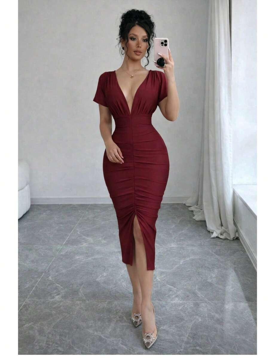 Vestido midi con burdeos . - vino - Ver 1