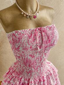 Soleia Đầm midi hở vai in họa tiết hoa màu xanh dáng chữ A xếp nếp ôm vừa vặn cho nữ - Hồng - Xem 5