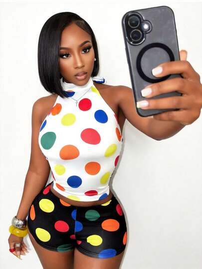 BamGleam High Neck Sleeveless Fitted Backless Tie-Up Polka Dot 2 Pieces Set , Summer Outfits , Summer Tops , Summer Clothes, Summer Holiday Outfits  , Summer Outfits For Women , Summer Outfit For Women ,Spring  , Spring Outfit Women  , Spring Break Outfits  , Spring Clothing  , Spring Outfit  , Spring Clothes  Spring Women , Spring Clothes Women, Vacation Outfits Women, Holiday Outfits For Women, Summer Holiday Outfits , Vacation Outfits For Women  Vacation , Holiday, Holiday Outfits , Summer Vacation Outfits , Beach Vacation Outfits For Women