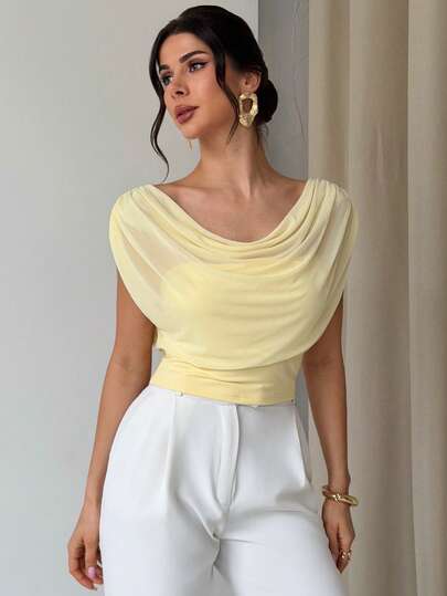 Firerie Camiseta ajustada de malla de color amarillo pálido con cuello de volantes, elegante y casual para ir al trabajo, de vacaciones, en una cita romántica, para maestras, en el aeropuerto, para salir, elegante para vacaciones