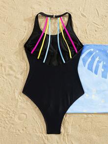 Swim Nautrix Women's Essential Black One-Piece Swimsuit,Summer Casual Gym Sleeveless U-Neck Backless Colorful Rope Monokini Halter Beach Pool Swimwear - Black - View 5