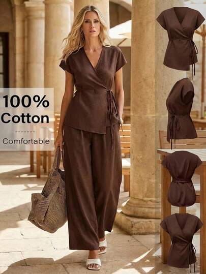 Editum Set da 2 pezzi elegante da donna, composto da blusa con maniche a pipistrello e pantaloni a gamba ampia, in tessuto color albicocca, adatto per uscite estive, appuntamenti, vacanze'} {'translate_it':'Set da 2 pezzi minimalista color marrone caffè per donna, novità primavera 2026, composto da blusa con maniche a palloncino e vita con fiocco, pantaloni a gamba ampia, adatto per ufficio e appuntamenti