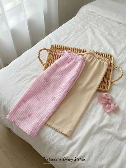 Cozy Pixies 2pcs Baby Girl Straight Leg Pants, Loose Waist Bow Tie Cute Solid Color & Floral Print Long Pants