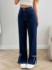 EURMUSE High Waist Regular Fit Casual Style Side Split Hem Detailed Dark Blue Raw Wash Button Front Straight Jean - Dark Wash - View 7