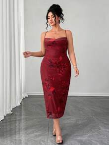 Elenzga 印花高弹数码印花吊带长裙，情人节礼服，约会礼服，派对礼服，性感晚礼服，优雅下午茶礼服 - 紅色 - 查看 4