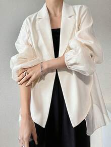 FRIFUL Áo blazer nữ màu trơn cổ ve áo, tay phồng, cài hai hàng khuy, kiểu dáng thường ngày. - Màu be - Xem 2