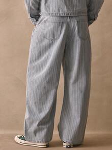 Musero Oversized Stripe Style Jeans Button Fastening Belt Loops Denim Trouser Pants Spring Summer Essentials - Apricot - View 5