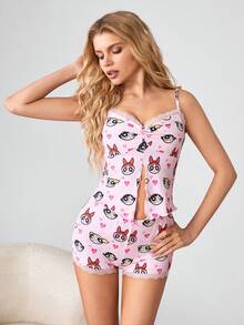 THE POWERPUFF GIRLS X SHEIN Women's Cartoon Print Spaghetti Strap Shorts Pajama Set - Pink - View 3