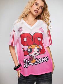 THE POWERPUFF GIRLS X SHEIN 女士V领卡通字母印花休闲百搭日常短袖T恤 - 粉色 - 查看 3