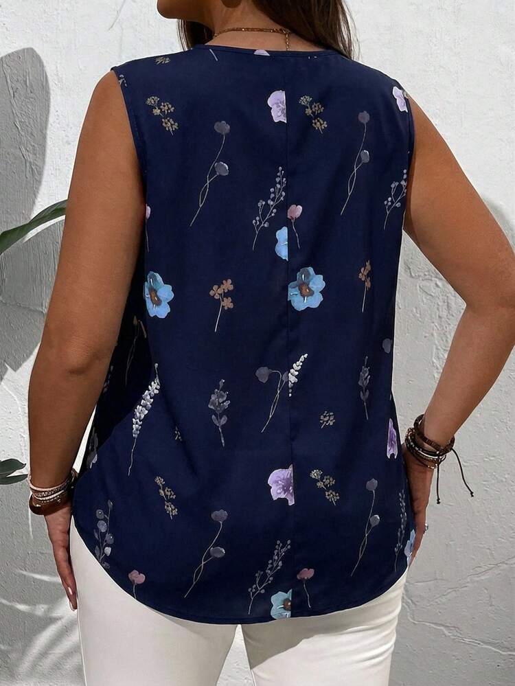 Plus Size Summer Countryside V-Neck Floral Printed Summer Sleeveless Blouse, Casual