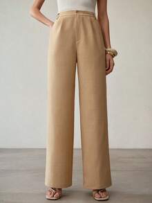 MOTF PREMIUM WOMEN'S HIGH WAIST CASUAL MINIMALIST LONG SUIT PANTS, COMMUTER STYLE - Khaki - View 4