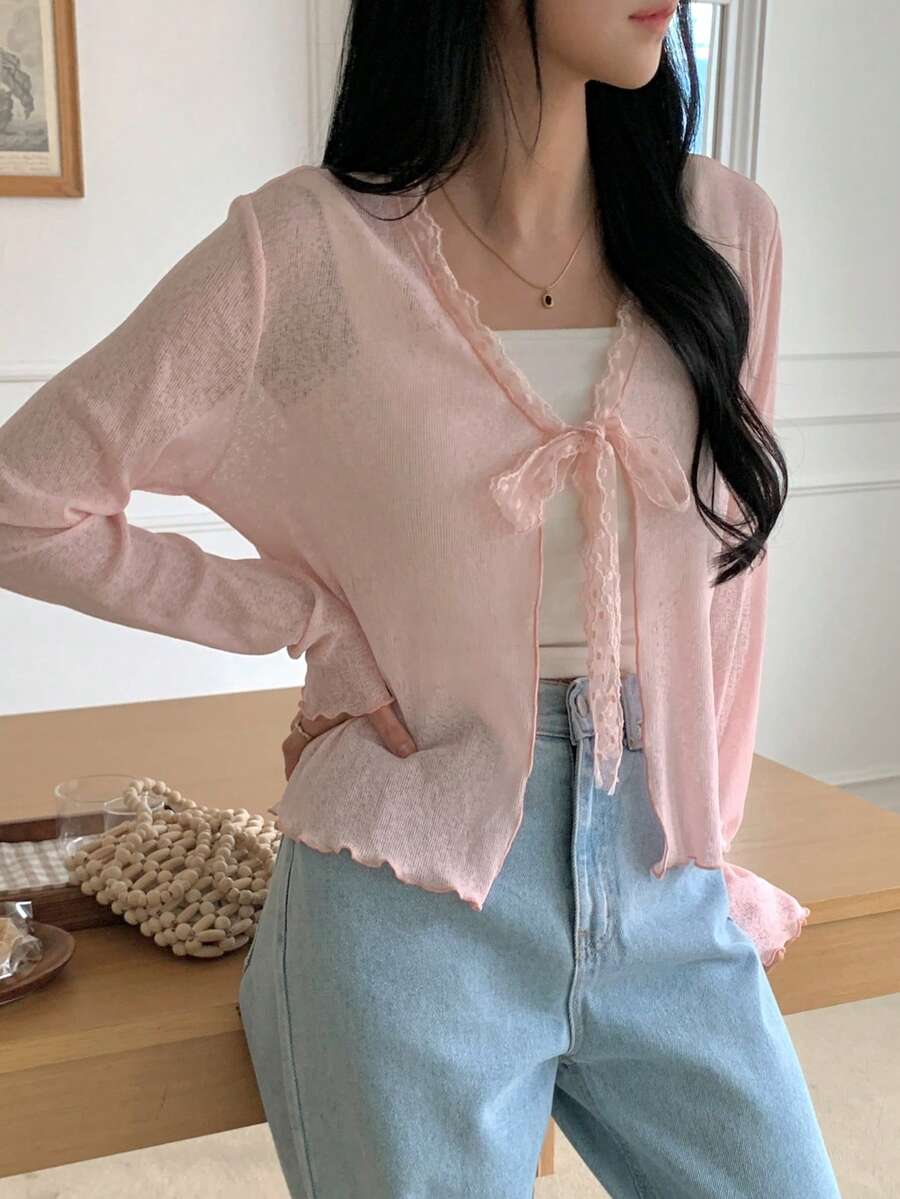 DAZY 女士蕾丝边蝴蝶结薄款T恤 - 粉色 - 查看 1