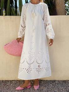 DAZY 女士休闲刺绣花卉系带直筒中长连衣裙，夏季 - 米色 - 查看 3