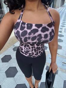 Alexandranx 女士度假吊带紧身全豹纹背心，适合夏季 - 咖啡棕 - 查看 3