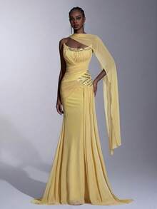 Elitara Elegant Minimalist High-Stretch Mesh Strapless Asymmetric Ruched Luxurious 3D Rhinestone Mermaid Draped Flounce(Detachable Halter)Formal Evening Gown - Light Yellow - View 7