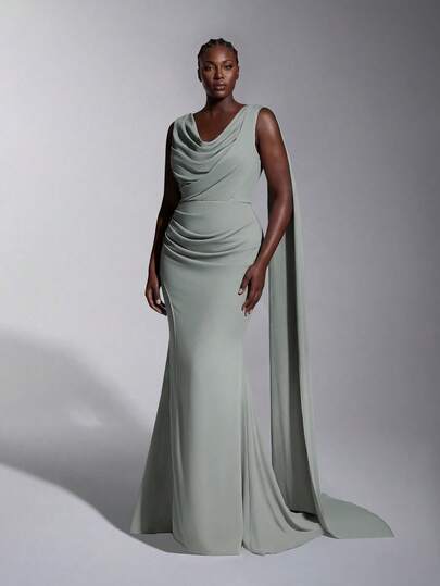 Elitara 大码优雅浪漫绿色不对称荷叶边领修身鱼尾裙摆开衩连衣裙，适合婚礼、约会、度假、伴娘等场合