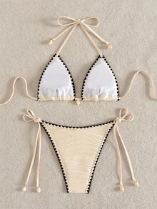 Swim Mod Bộ bikini buộc dây phía trước phối màu tương phản, thích hợp cho kỳ nghỉ biển. - Màu be - Xem 2