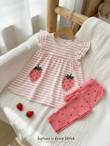 Cozy Pixies Young Girl Strawberry Pattern Knit Soft Round Neck Sleeveless Tank Top And Elastic Waist Printed Pants 2 Pieces Set - Pink - View 1