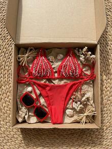 Swim SXY Conjunto de bikini con parte superior de atar con cuentas y cuello halter - Rojo - Ver 2