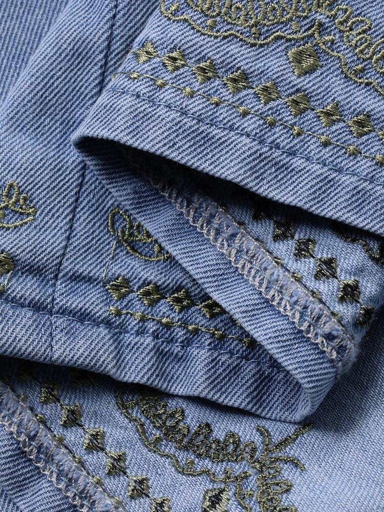 Embroidered Floral Trim Sleeveless Round Neck Short Casual Denim Dress For Women, Summer Holiday